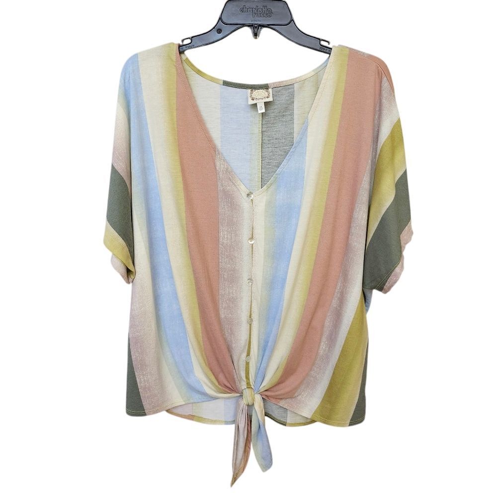 Truself Tie Front‎ Short Sleeve Multicolored Striped Top Sz 3X